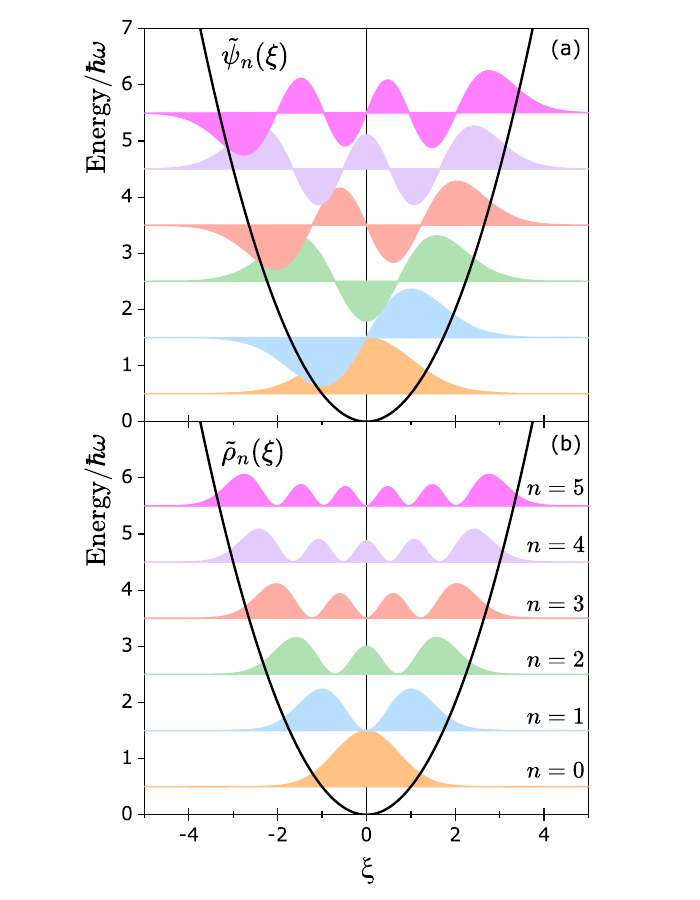 Book figure showing selected harmonic-oscillator wave functions and their probability densities, placed on energy levels.
